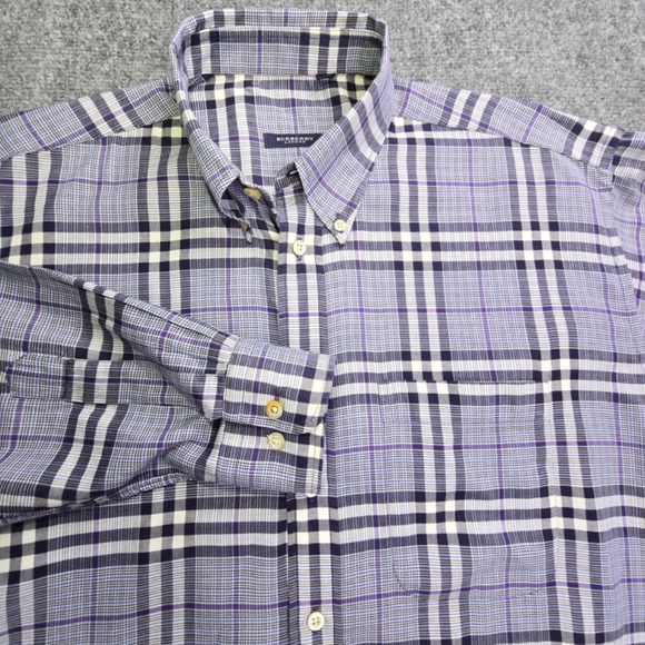 Burberry London Nova Check Plaid Check Blue Purple L/S Cotton Shirt Mens Large - Picture 6 of 11